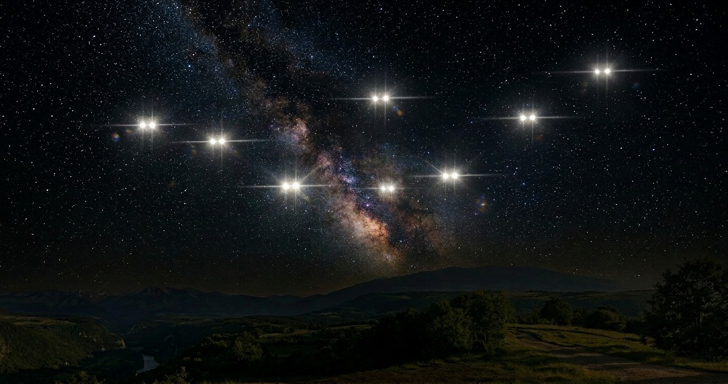 Cer nocturn cu stele luminoase deasupra unui peisaj